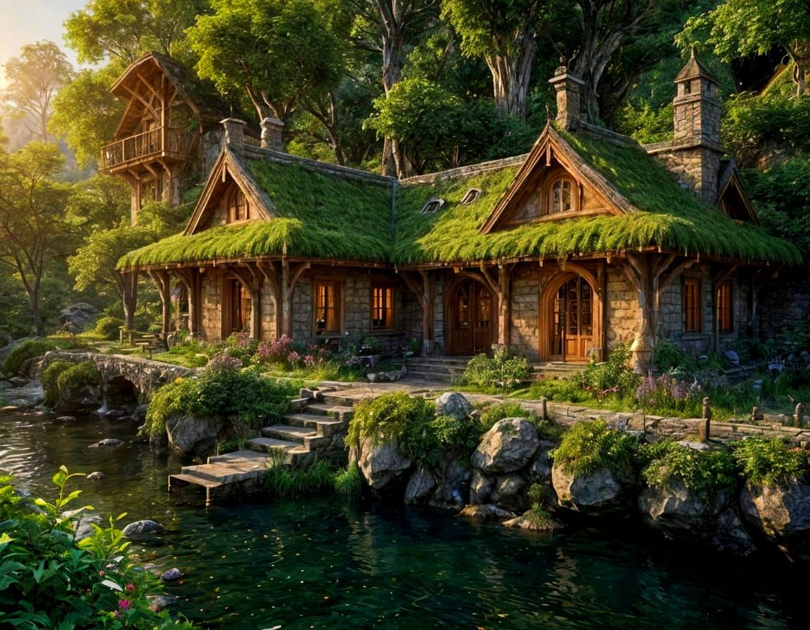 Fantasy Forest House by River in CGI Style