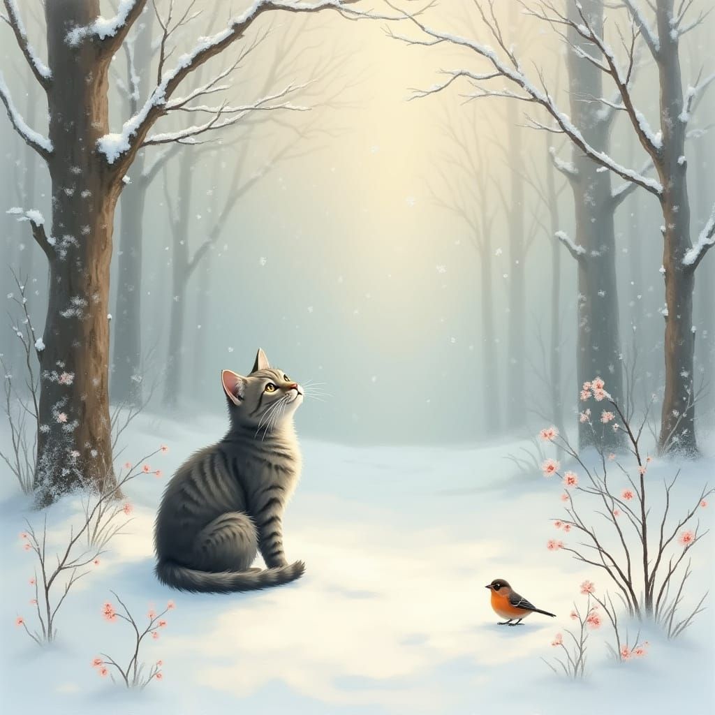 Dreamy Winter Forest with Cat and Bird, Soft Pastel Lighting