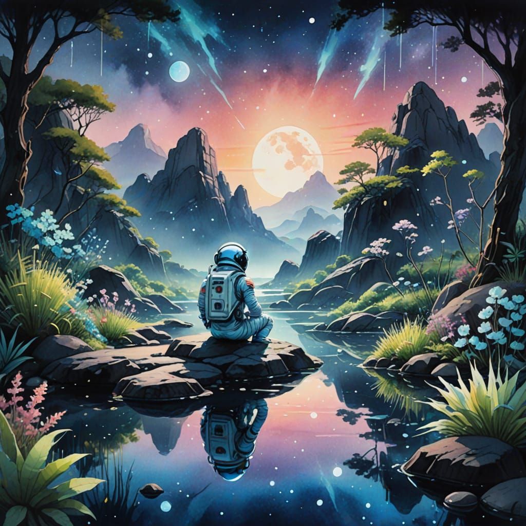 Astronaut Meditates in Bioluminescent Zen Garden Watercolor