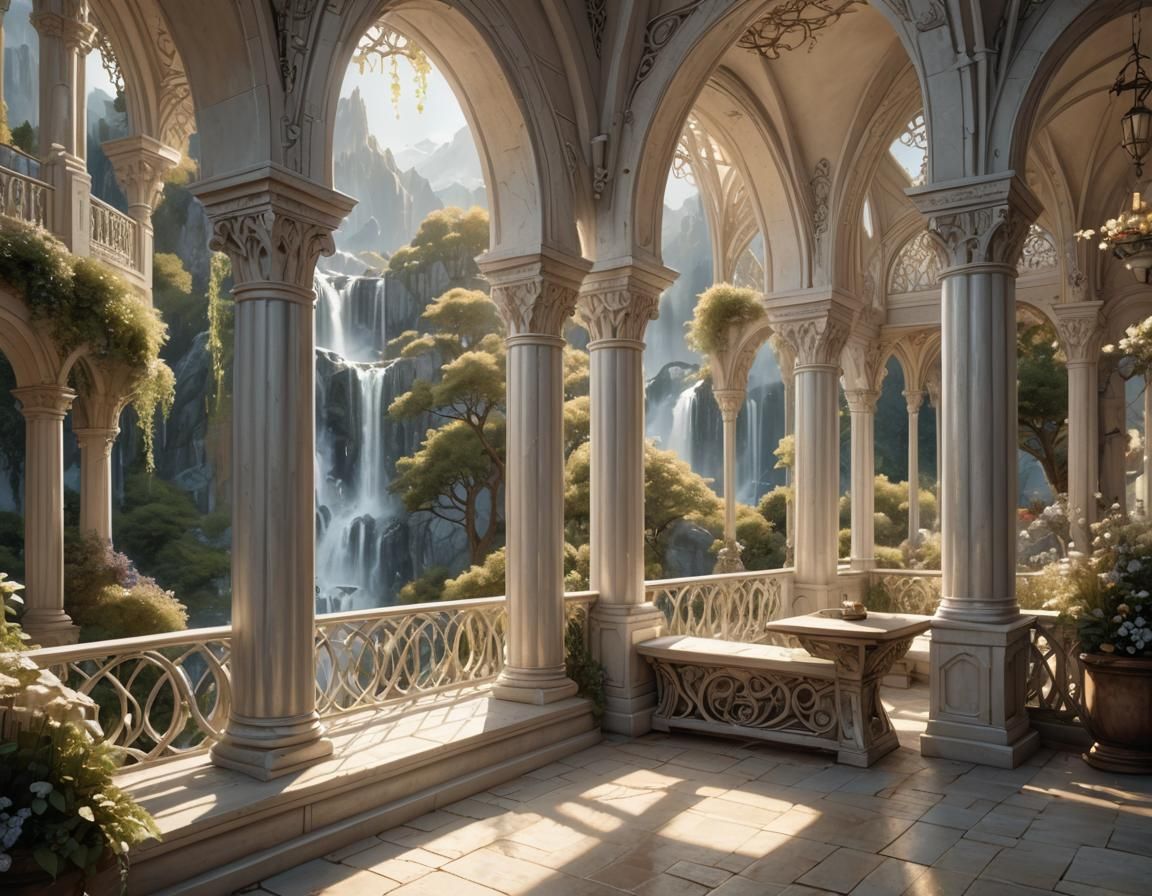 Rivendell Balcony View in Tolkien Style