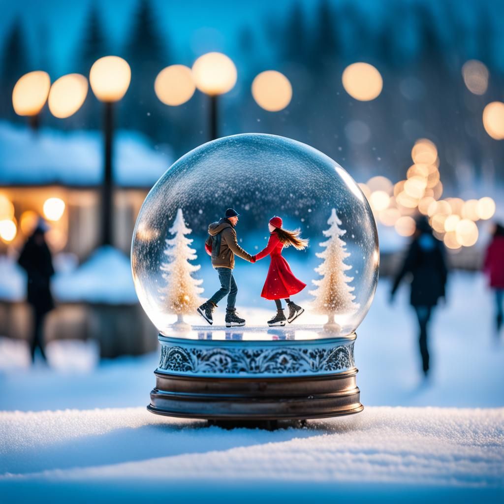 Snow globe with a cute young couple ice skating on a frozen pond 2