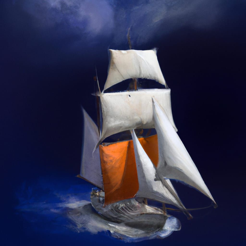 Square Rigged Sailboat Gouache Painting on Navy