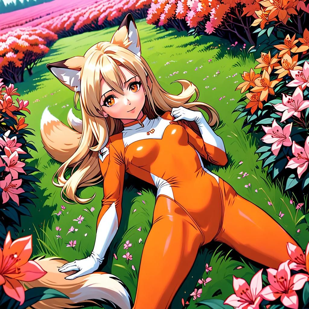Fox Girl in Rhododendrons as Cel-Shaded Anime Art