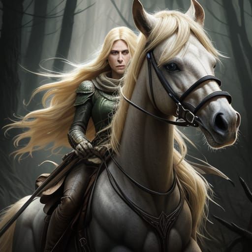 Blonde Woman Rides Horse Through Dark Forest
