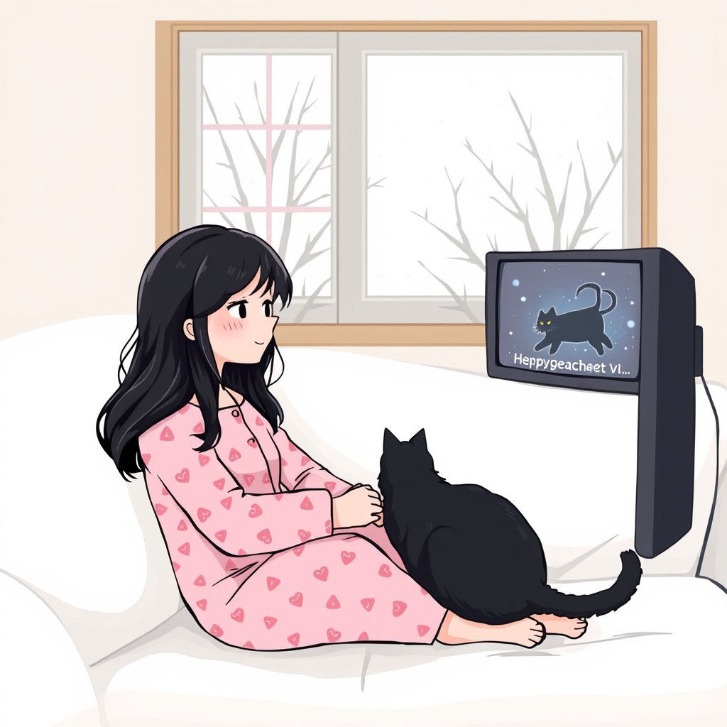 Girl with Cat Watching Snowy TV