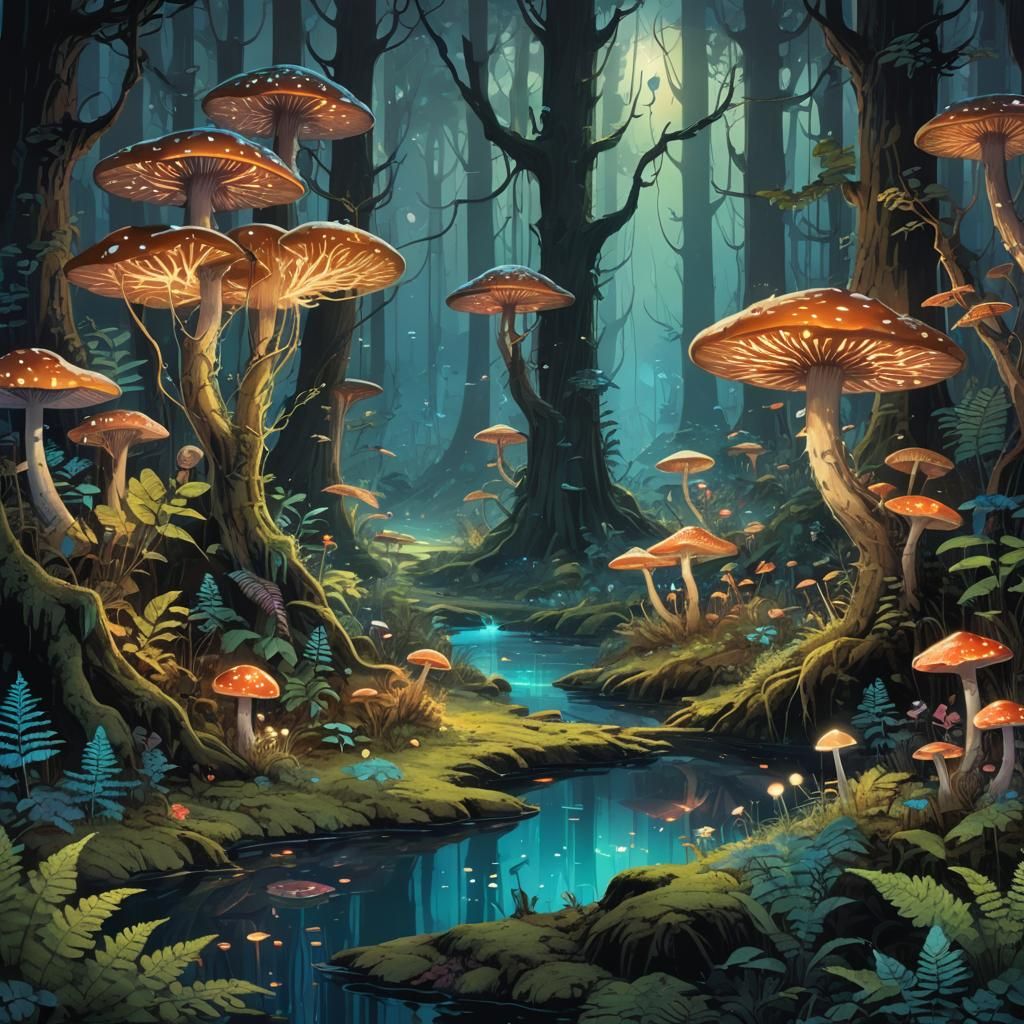 Whimsical Bioluminescent Forest under Midnight Skies