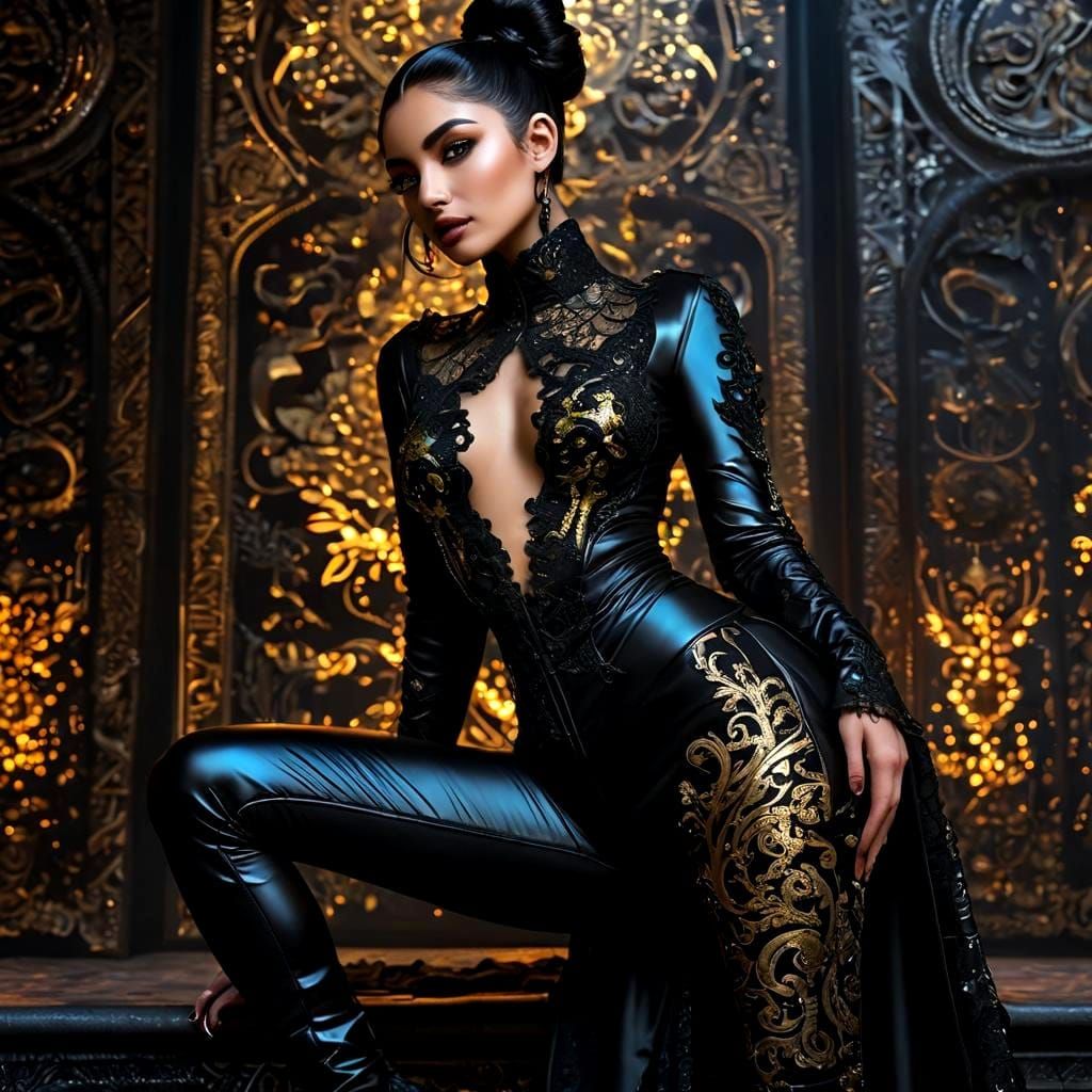 Cyberpunk Lady in Opalescent Neon Victorian Gown