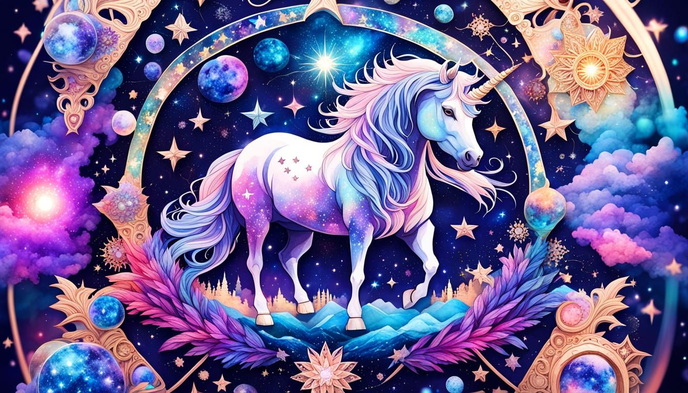 Cosmic Unicorn Mandala Blends Nebulae and Crystal