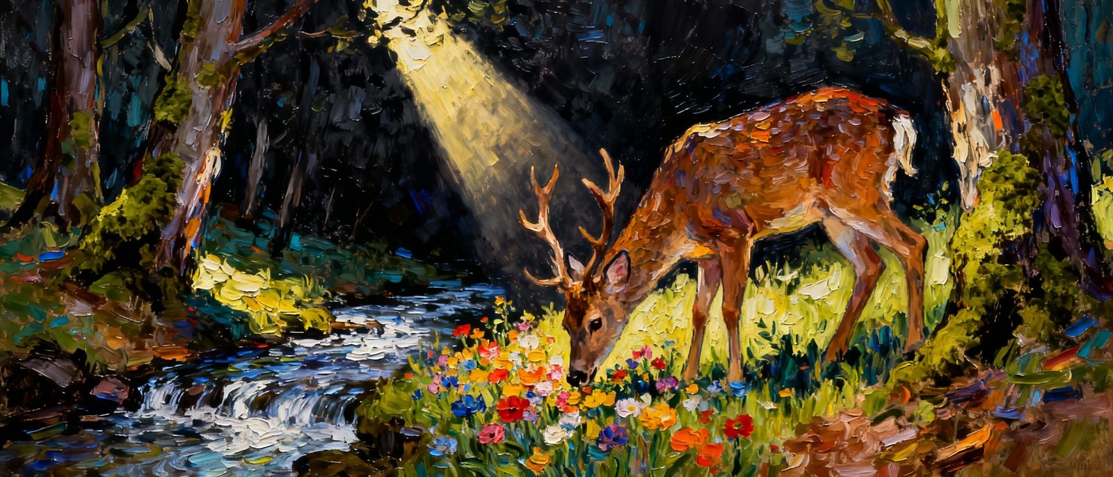Textured Impasto Painting of Deer in Sunlit Forest
