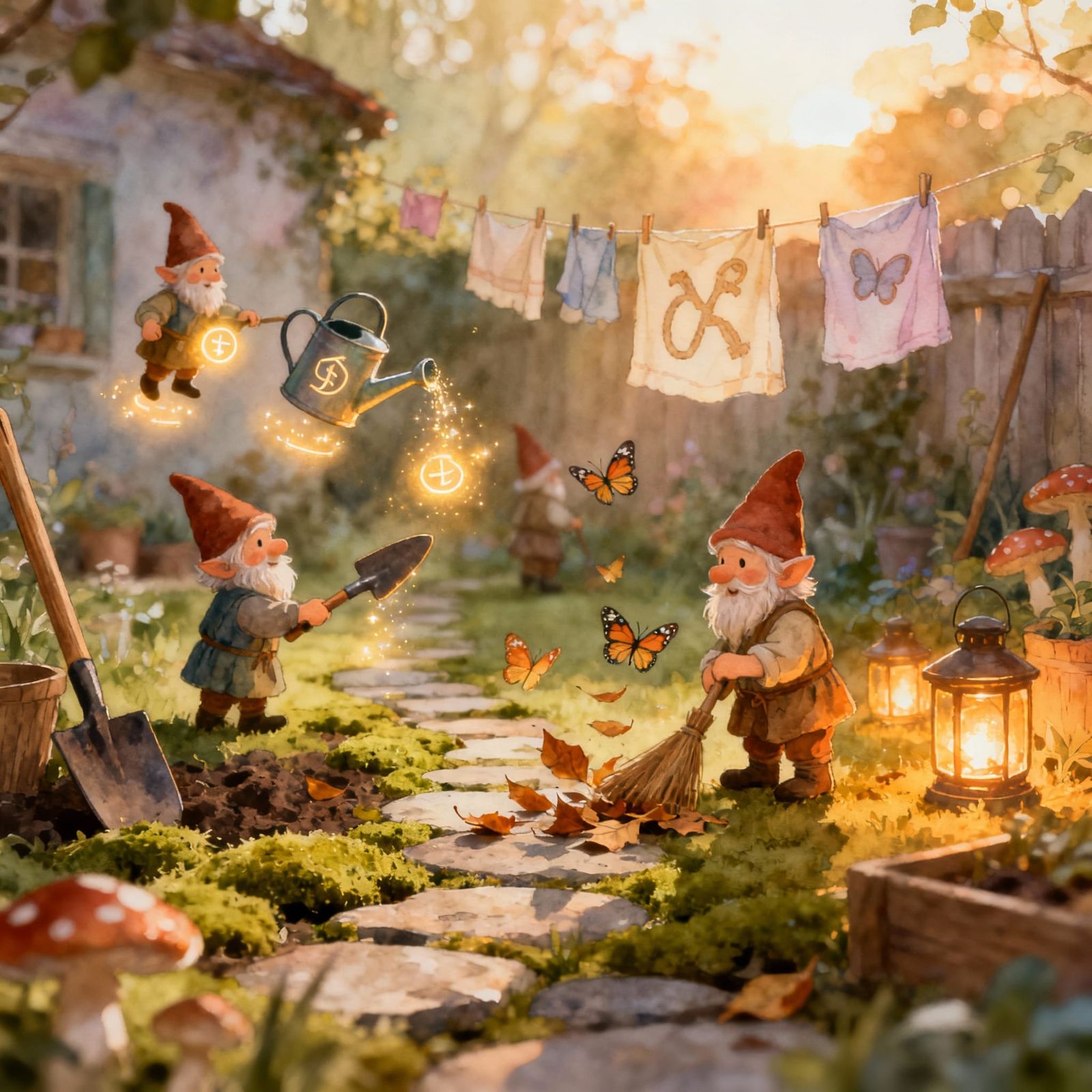 Whimsical Gnomes Performing Chores with Magic in Sunlit Gard...