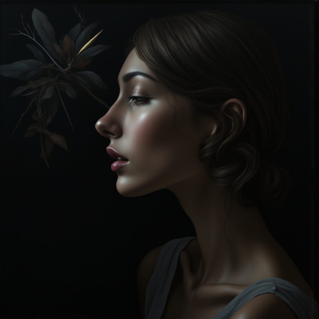 Chiaroscuro Portrait with Moon and Key in Oil Paint Style