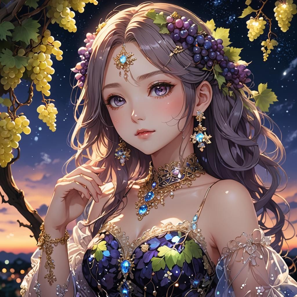 Anime Portrait: Girl in Grapes Dress and Jewelry
