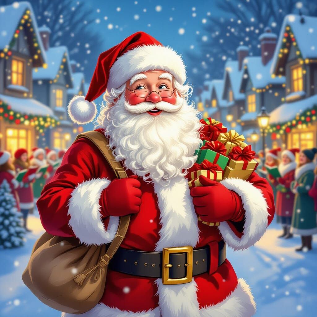 Jolly Santa Claus Distributes Gifts in Snowy Village Square