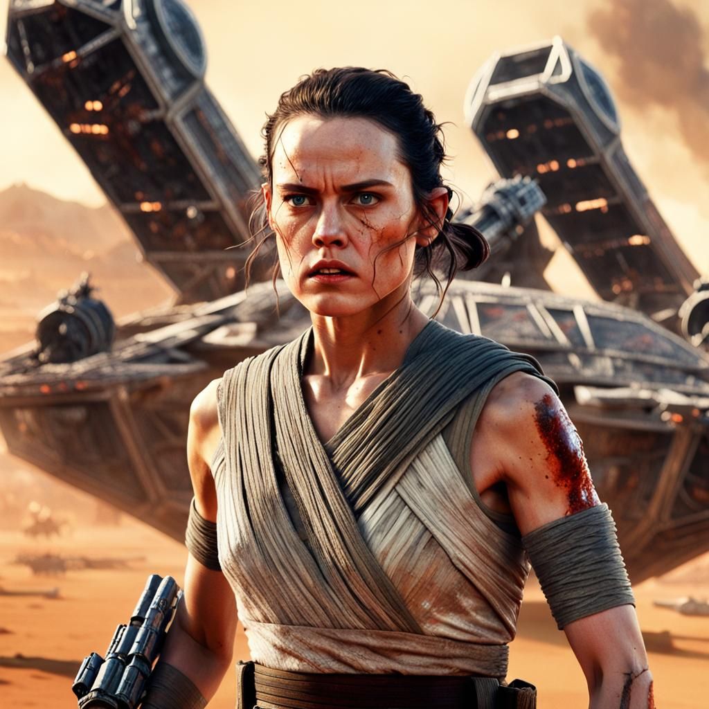 Rey in Desert World with Moons: Hyperrealistic Close-Up