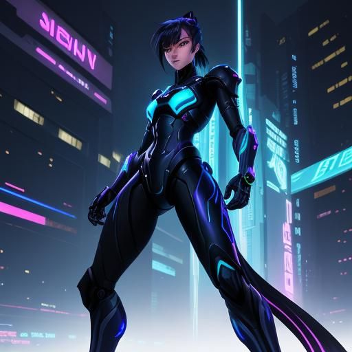 Android Warrior in Neon Cityscape: Sci-Fi Illustration