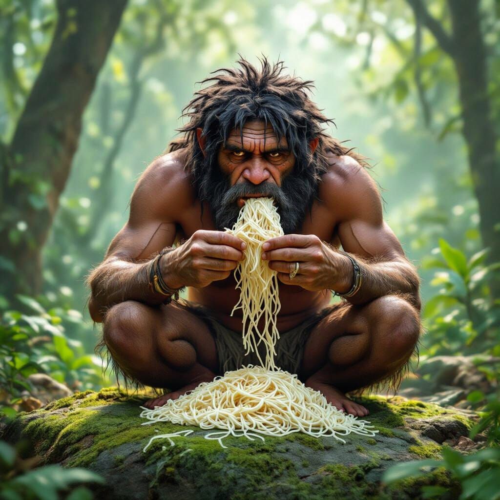 Neanderthal Man Eats String Hoppers in Jungle, Photorealisti...