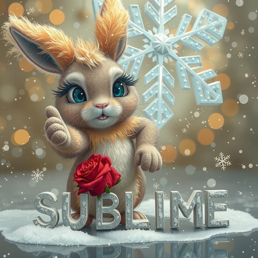 a cute, fluffy rabbit, with large expressive blue eyes, happ...