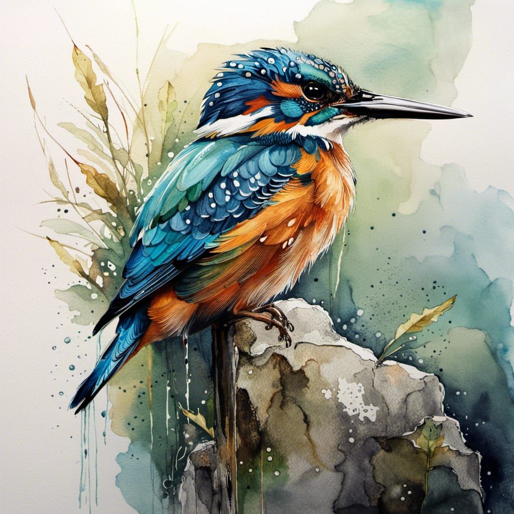 Kingfisher in River Stream, Watercolor Style