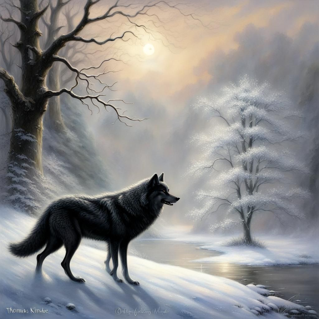 Black Wolf and White Swan in Snowy Dreamscape