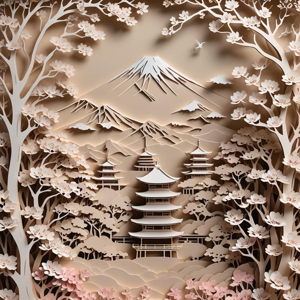 Mount Fuji Paper-Cut Art with Cherry Blossoms