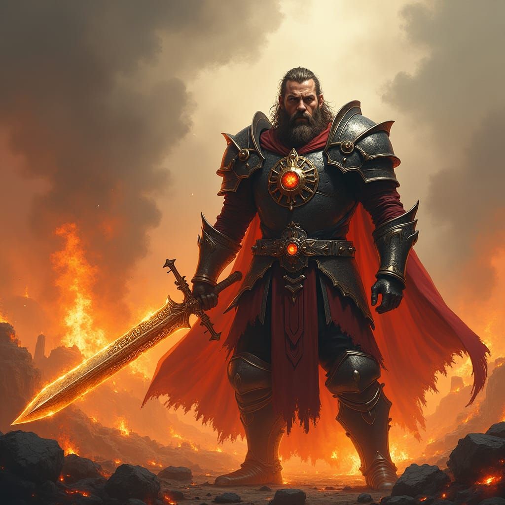 Dragon Slayer in Fiery Armor: Dark Fantasy Art