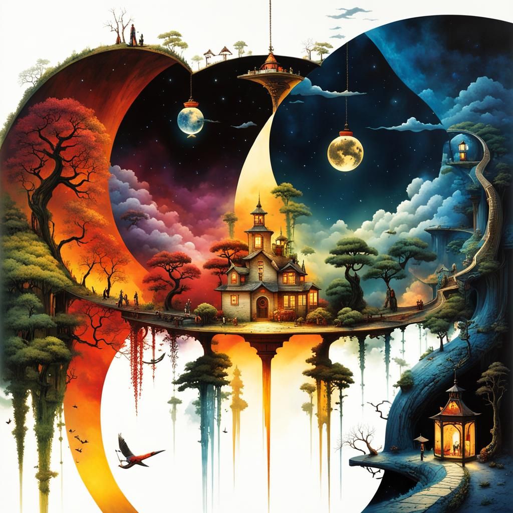 Surreal Stargate Scene with Bonsai and Cottages