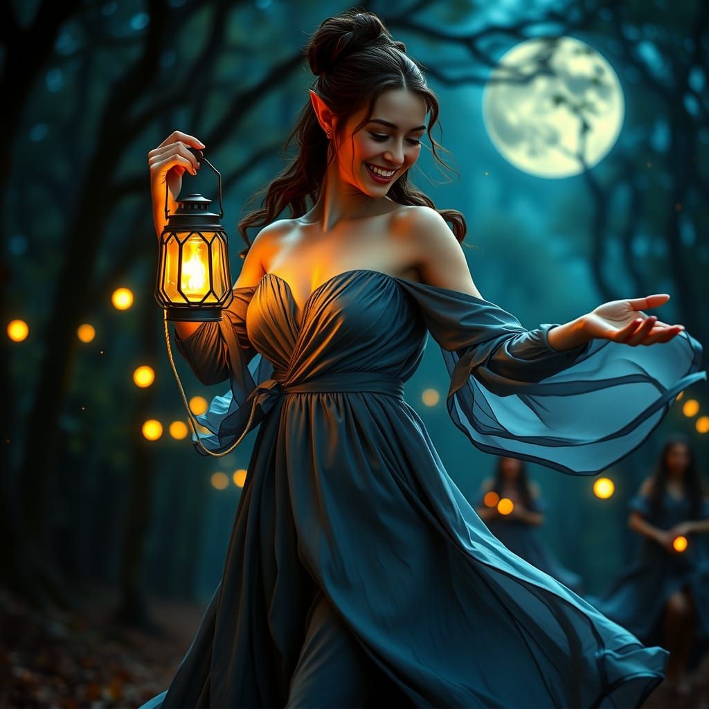 Ethereal Elven Dancer in Whimsical Moonlit Forest