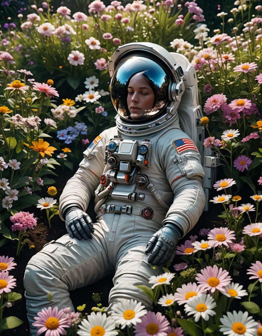 Astronaut in Flower Garden Reflecting the Universe