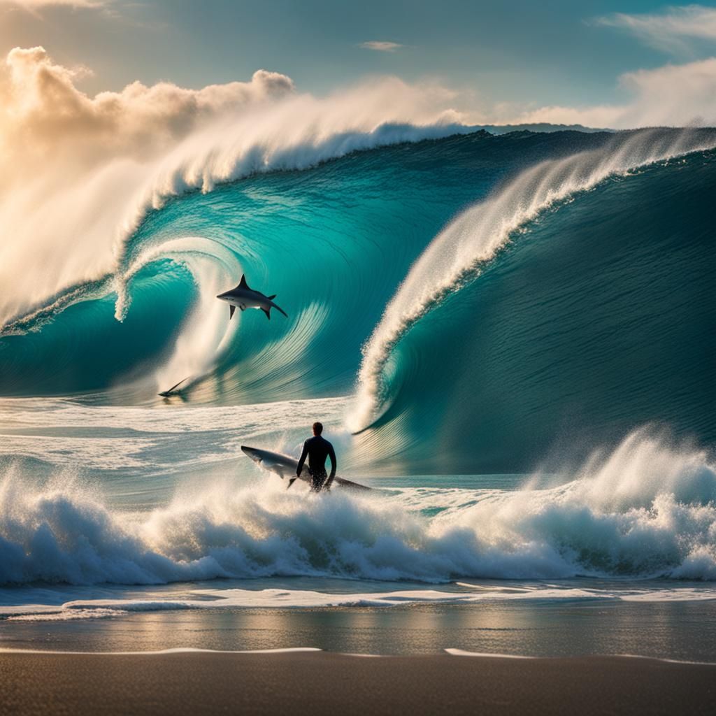 Surfer Rides Wave Containing Shark