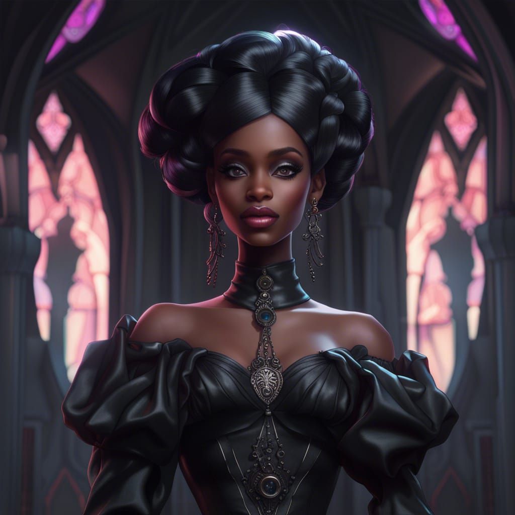 Gothic Black Barbie Portrait in Art Nouveau Style