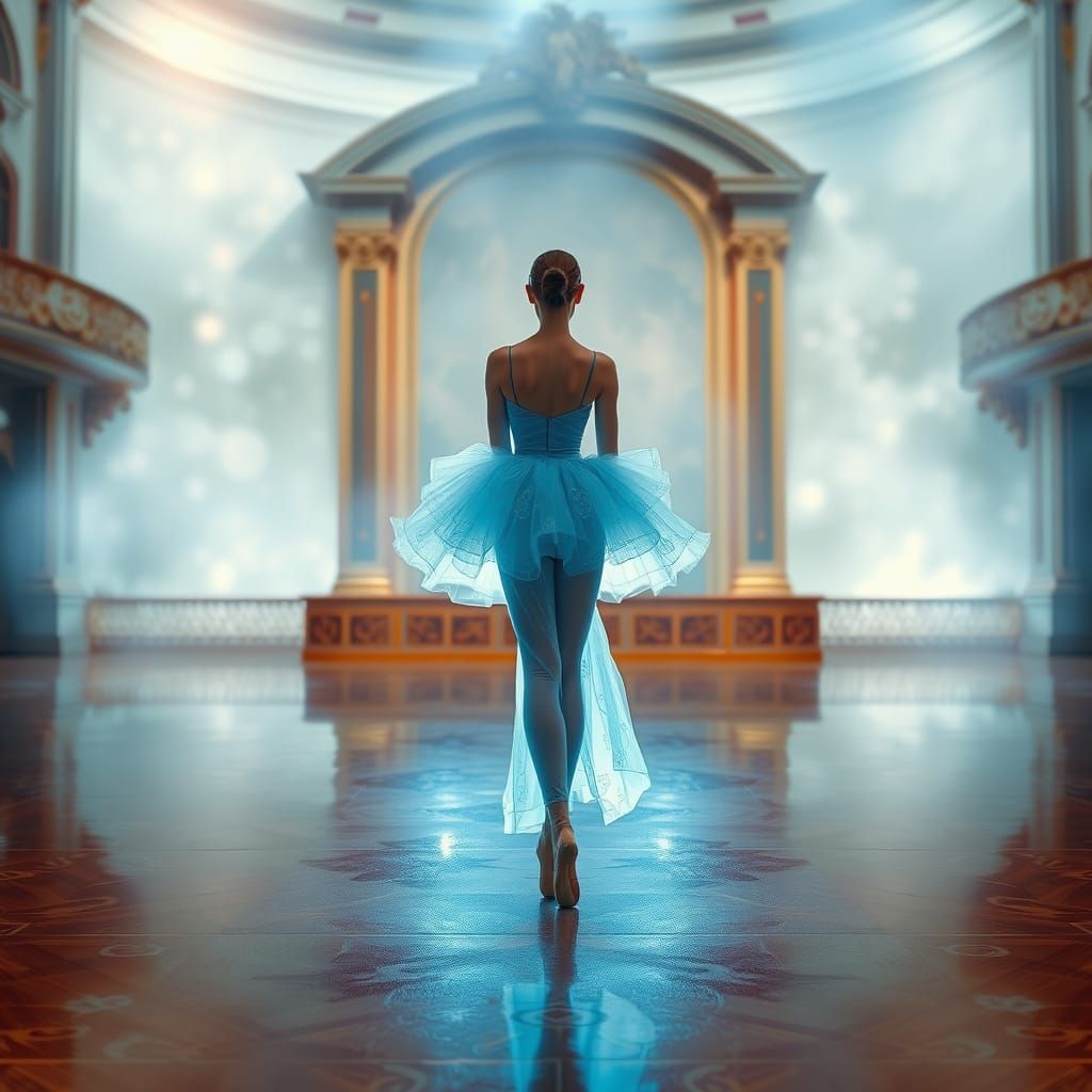 Ethereal Ballerina in a Dreamlike Stage Setting