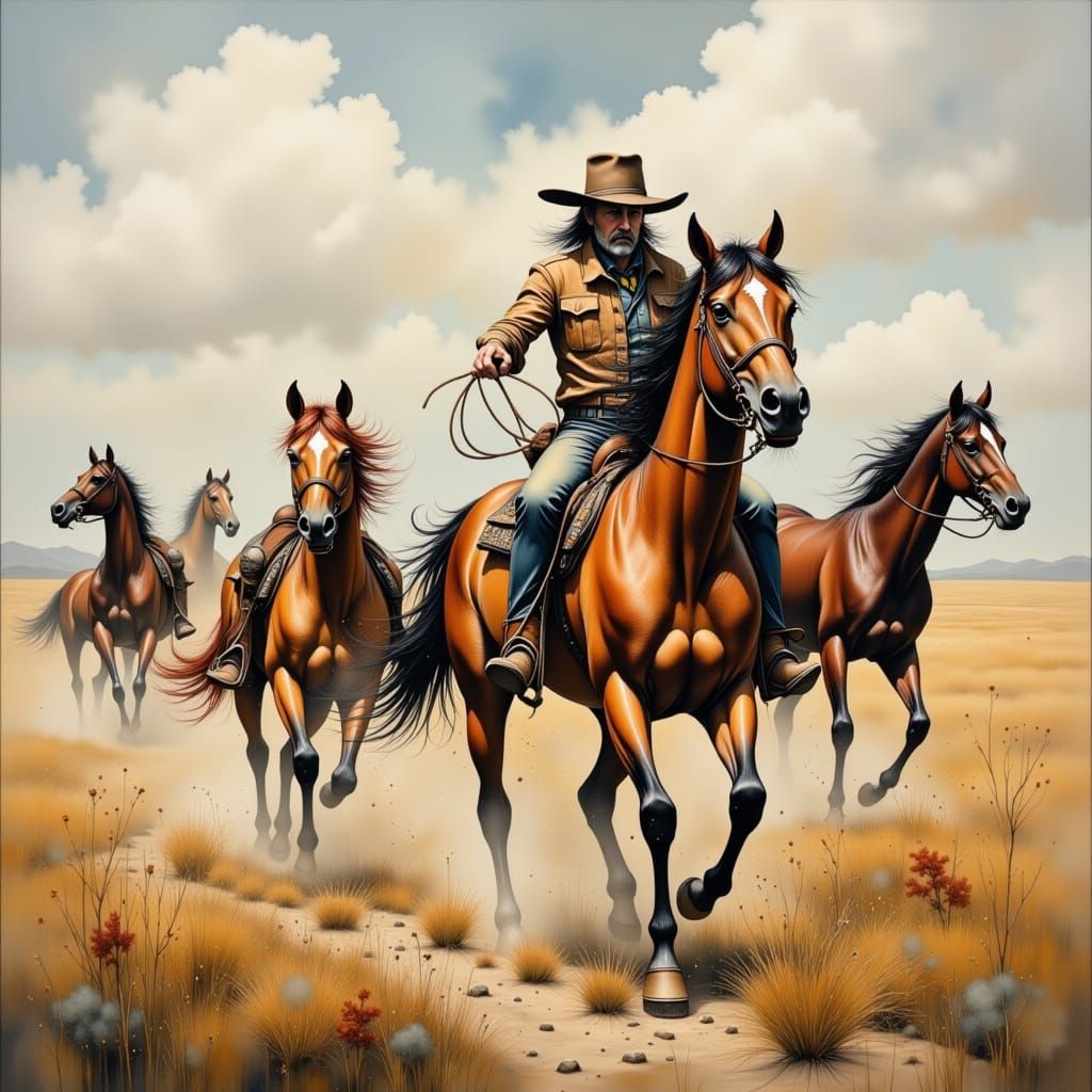 Whimsical Cowboy Chases Wild Horses Across Sunset Plains
