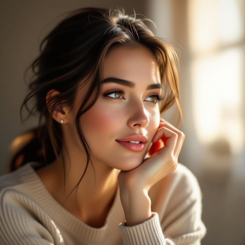 Contemplative Woman in Soft Light: Photorealistic Portrait