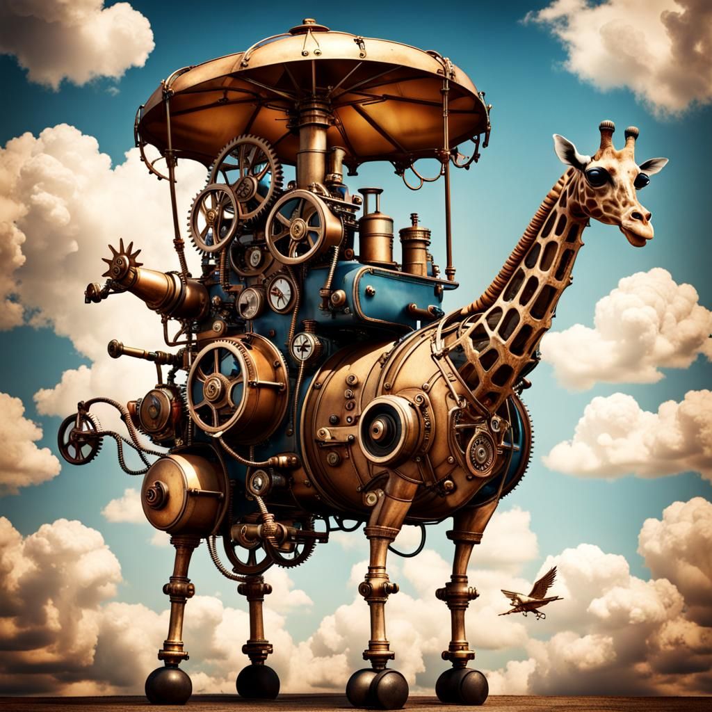 Steampunk Flying Giraffe in a Blue Sky