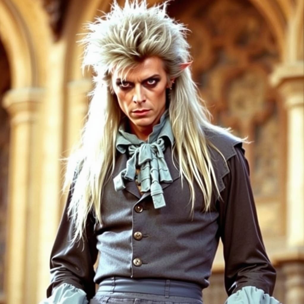 David Bowie in the movie Labyrinth, with long pointy silver hair with lots of hairspray in it, wearing grey tight pants ...