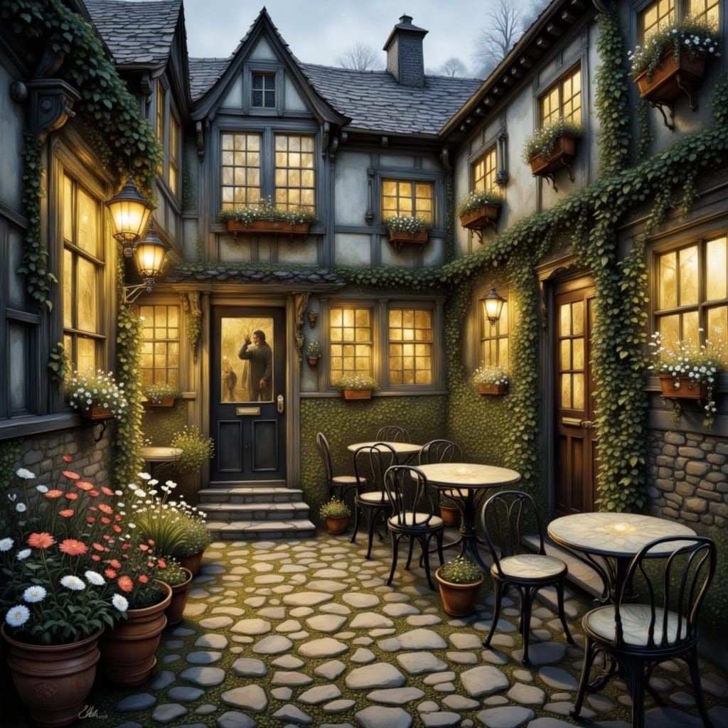 Whimsical German Courtyard Scene in Dreamlike Deep Colors