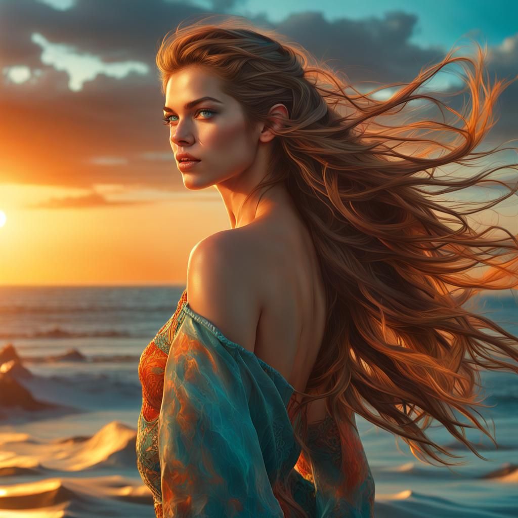 Sunset Portrait with Flowing Hair, Art Nouveau Style