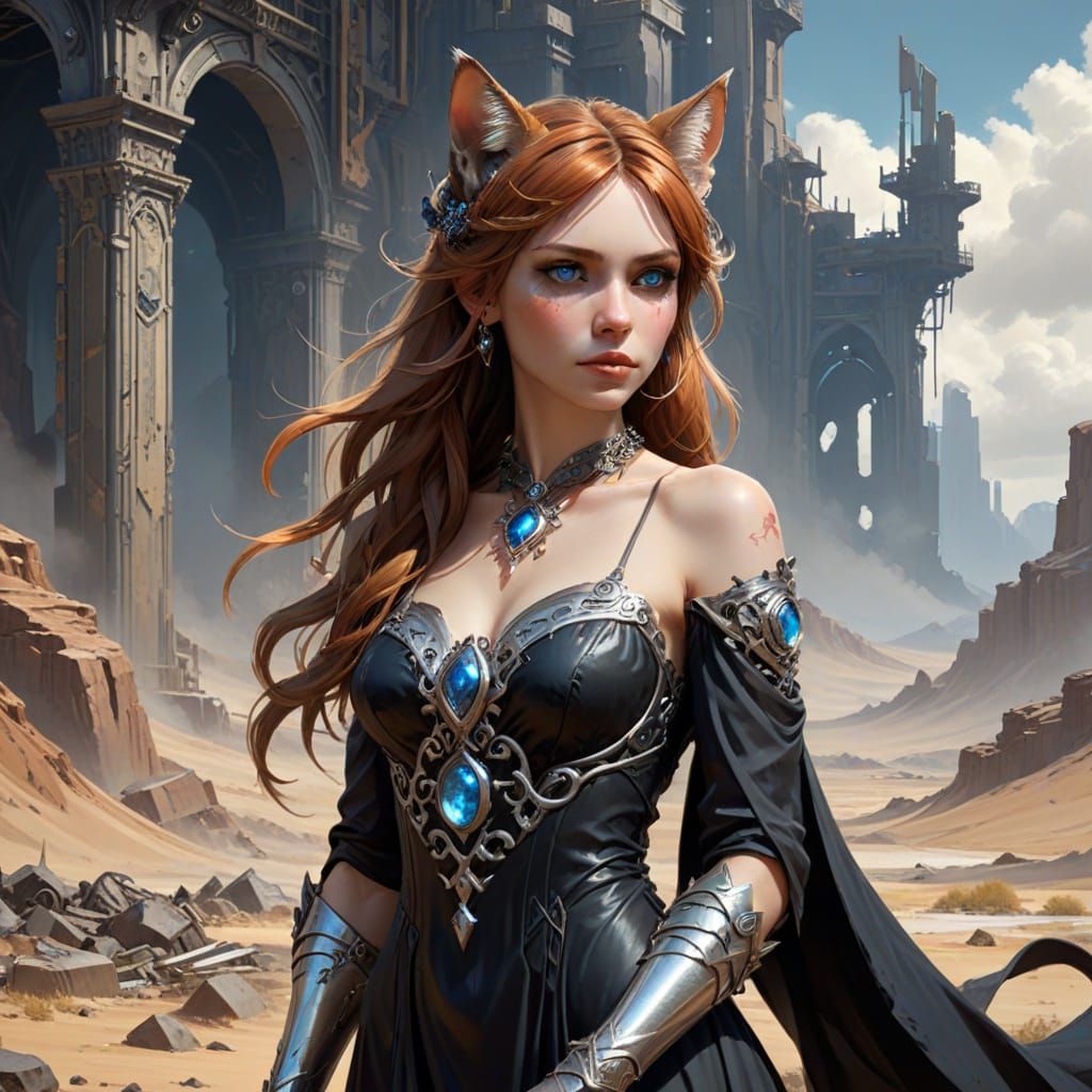 Calico Feline Hybrid in Wasteland, Art Nouveau Style