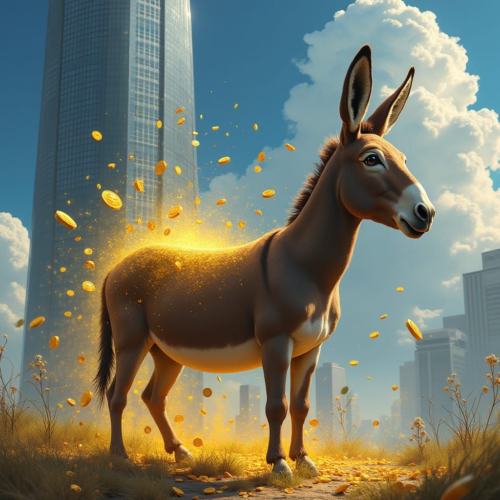 Donkey's Golden Treasure Amidst Modern Cityscape in Vibrant....