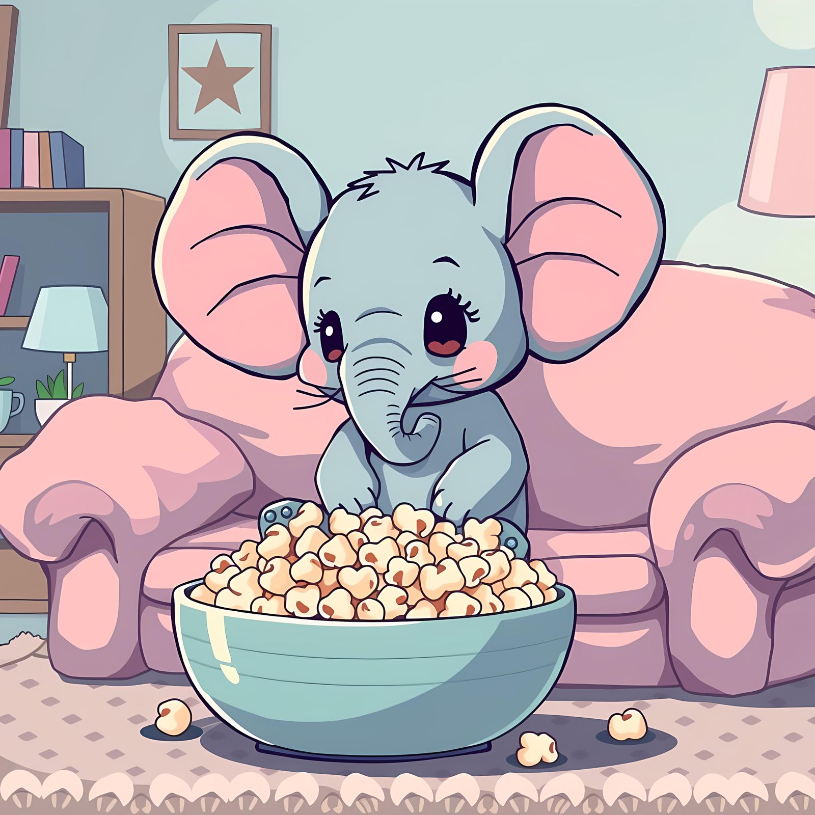 Chibi Elephant Enjoying Popcorn in Living Room
