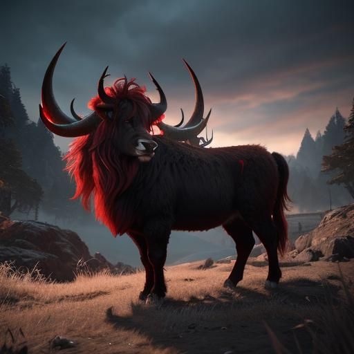 Red Steer with Long Horns in 3D Cinematic Style