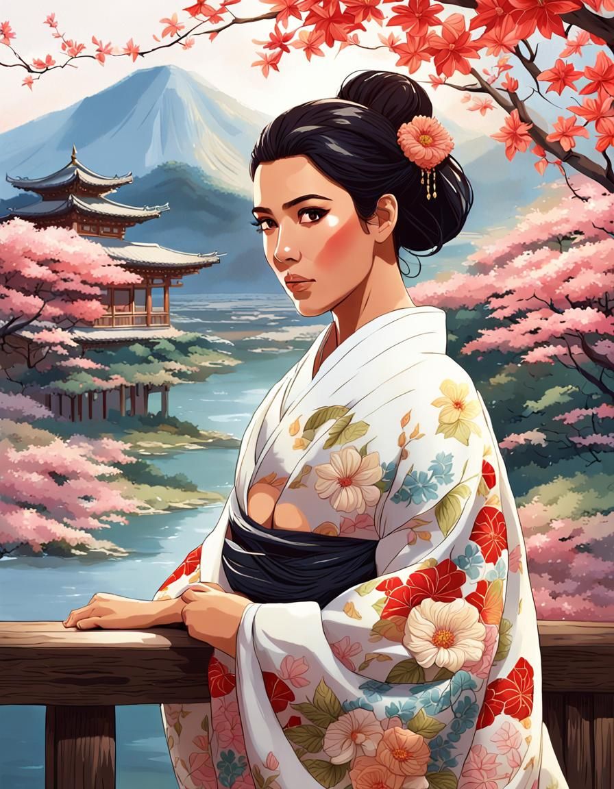 Elegant Naturist Goddess in Serene Kimono Attire