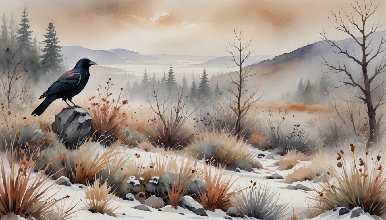 Ravens and Partridge in Snowy Landscape, Watercolor
