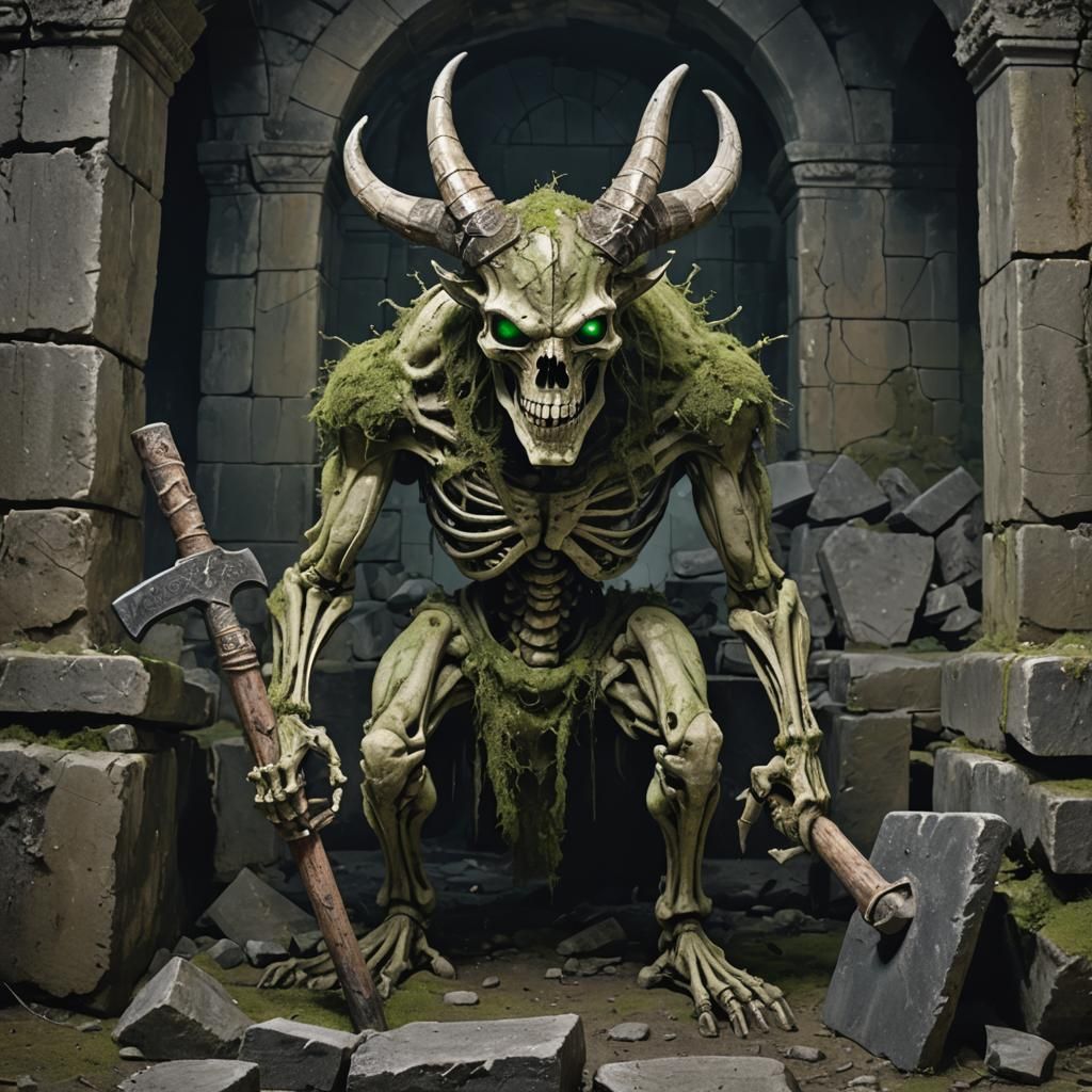 Skeletal Monster in Ancient Ruins at Night