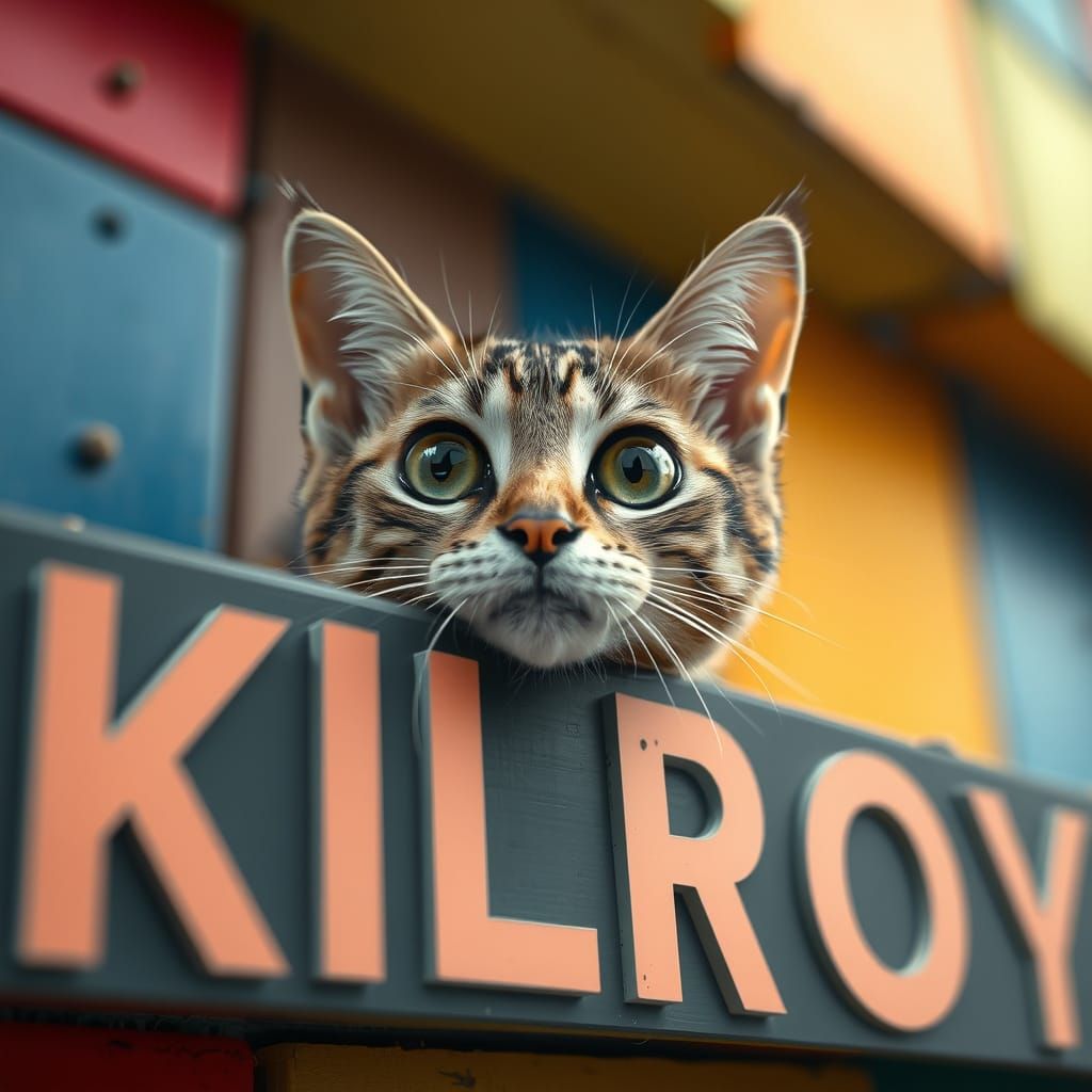 Cat Peeks Over 'KILROY' Sign, Cinematic Style