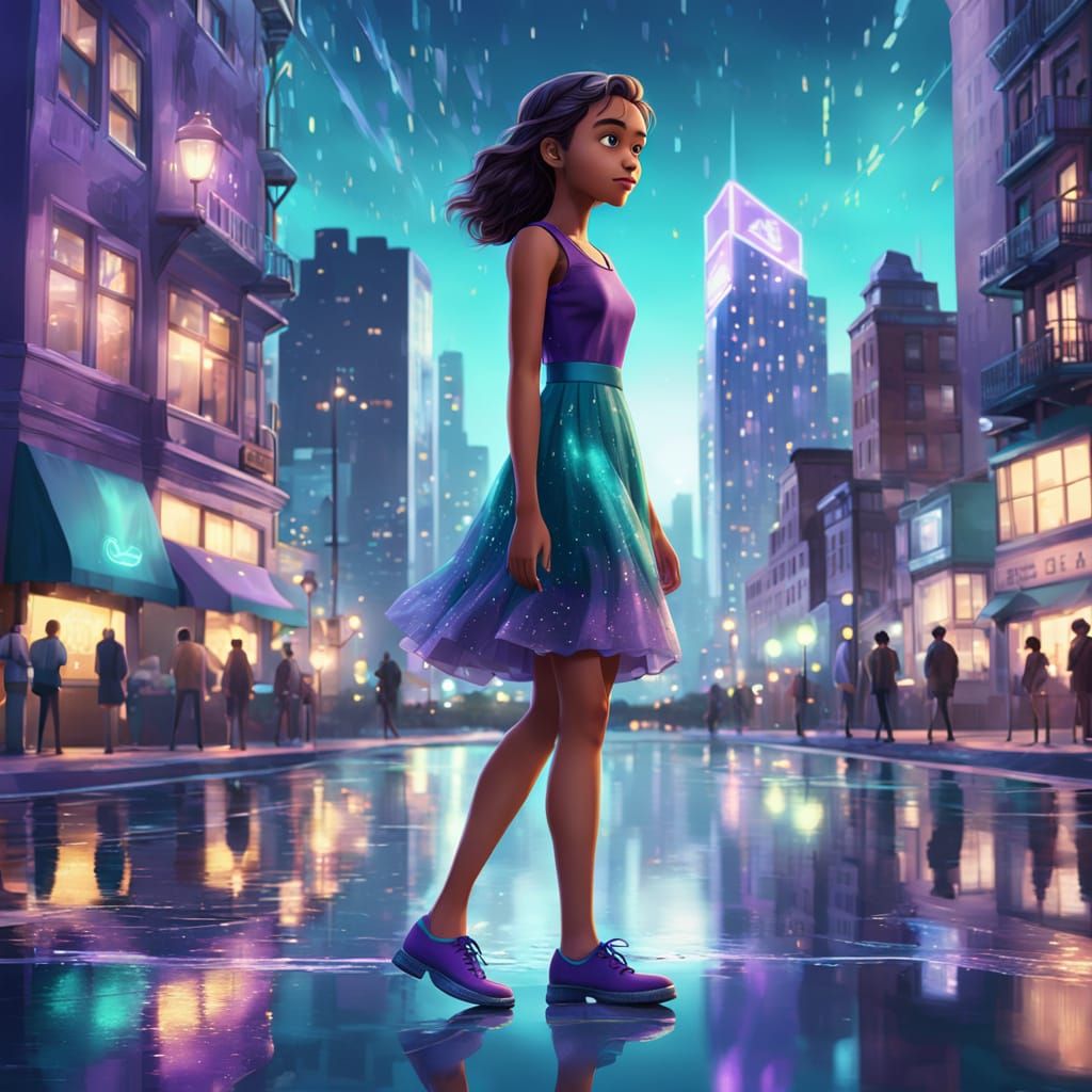 Young Woman in Purple Dress Stands in City