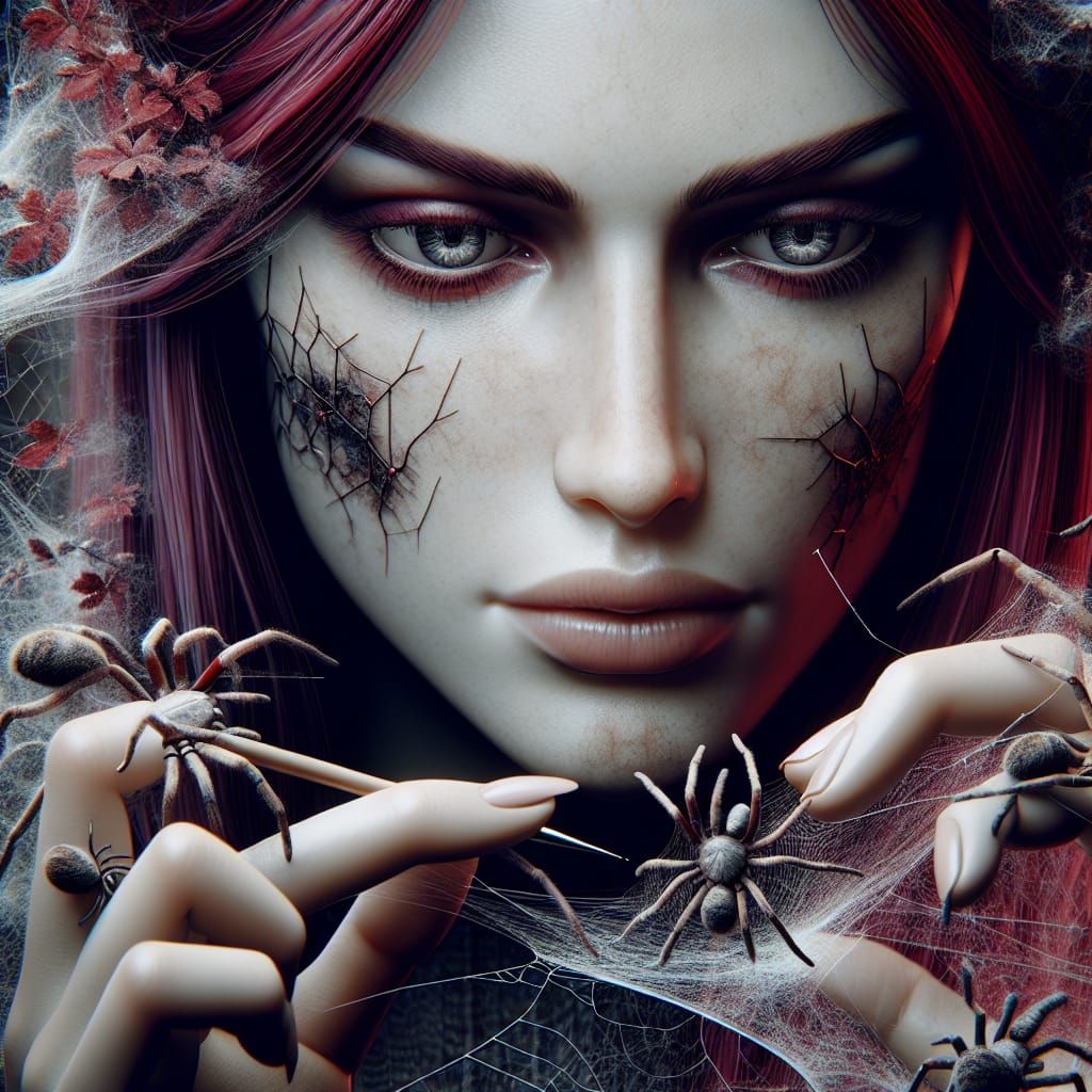 Captivating Woman Crafts Webs with Spiders