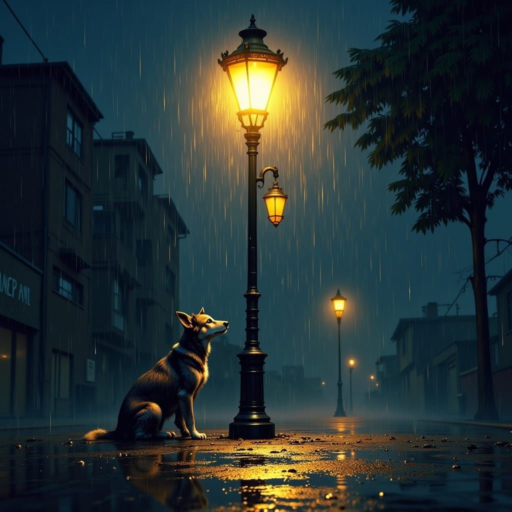 Wet Street Dog Gazes Up at Glowing Lamp in Downpour