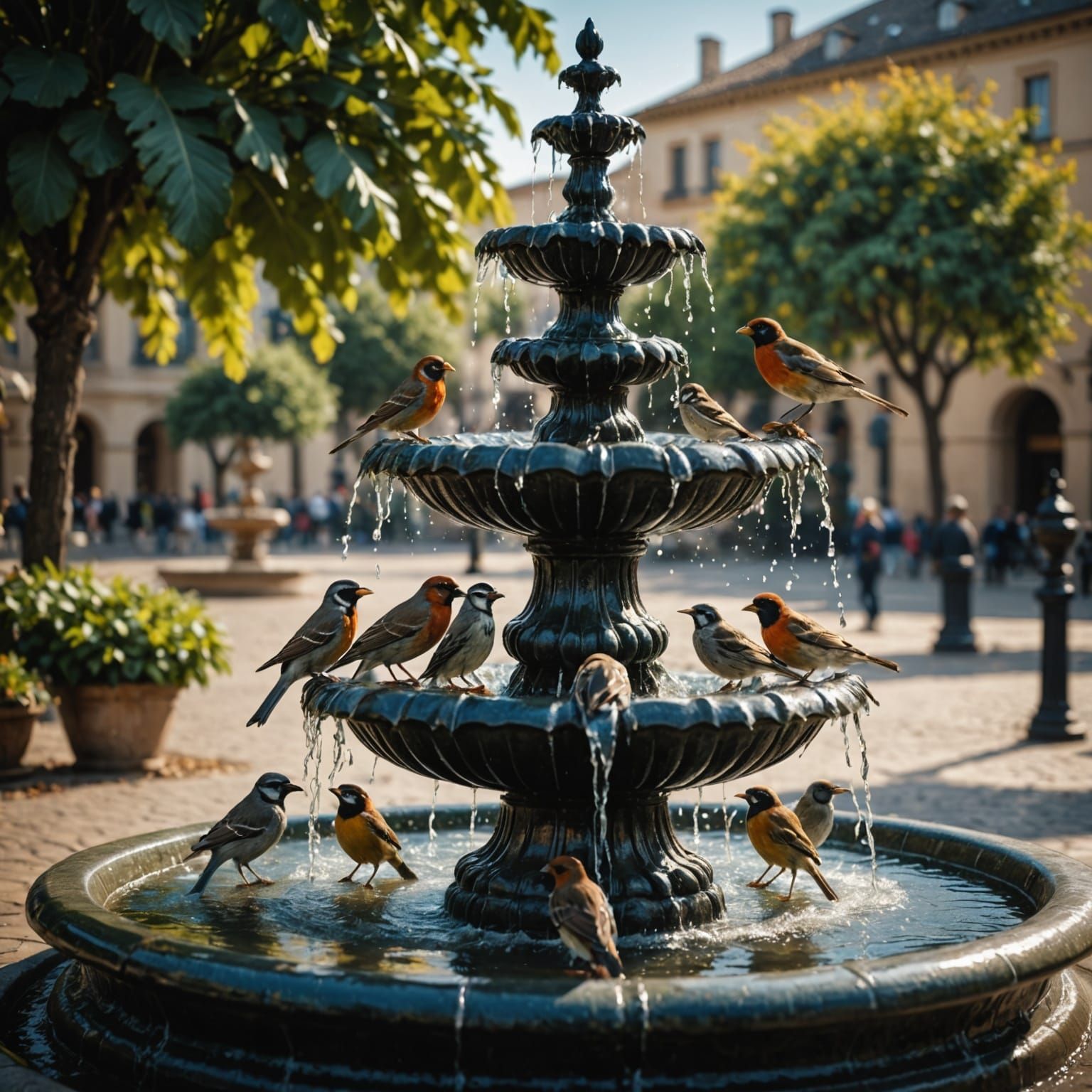 Birds Refresh at a Serene Fountain, in Hyperrealistic Style