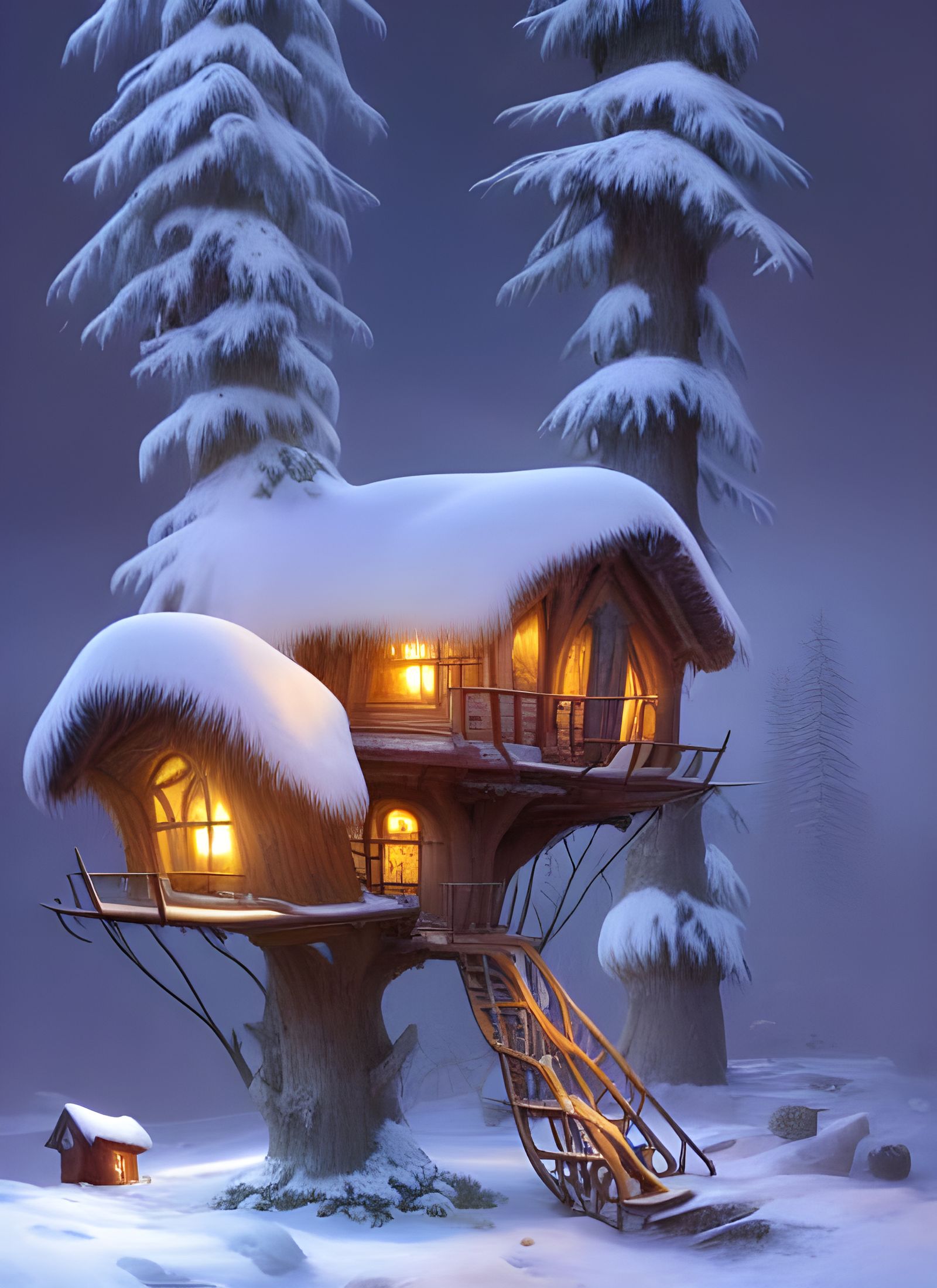 Glowing warm winter treehouse